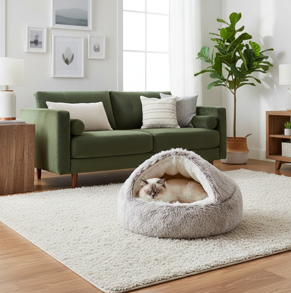 Chat dans un coussin chauffant naturellement violet clair dans un salon