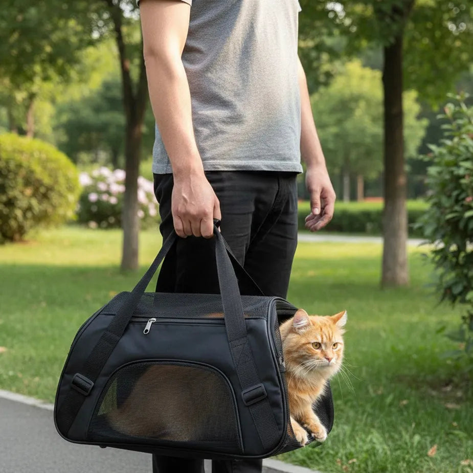 Chat dans panier format sac de sport de couleur noir dans un parc
