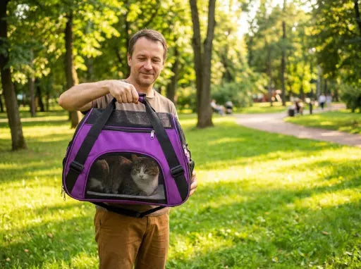 Chat dans panier format sac de sport de couleur violet dans une foret