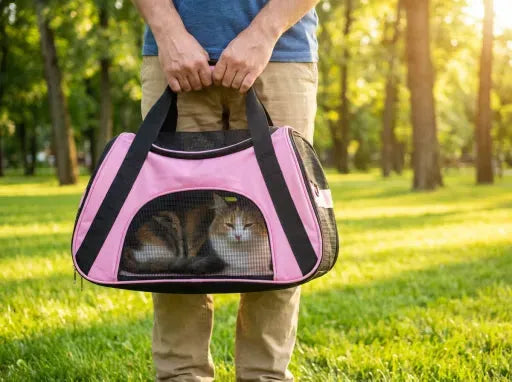 Chat dans panier format sac de sport de couleur rose dans une foret