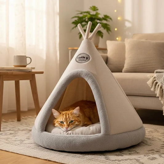 Chat dans panier tipi gris