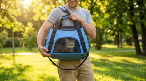 Chat dans panier transport bleu chat format sac de sport