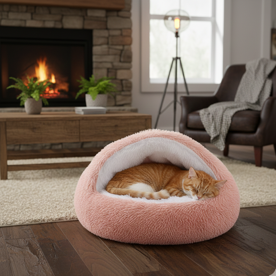 Chat dans une pièce chauffante avec son coussin rose clair