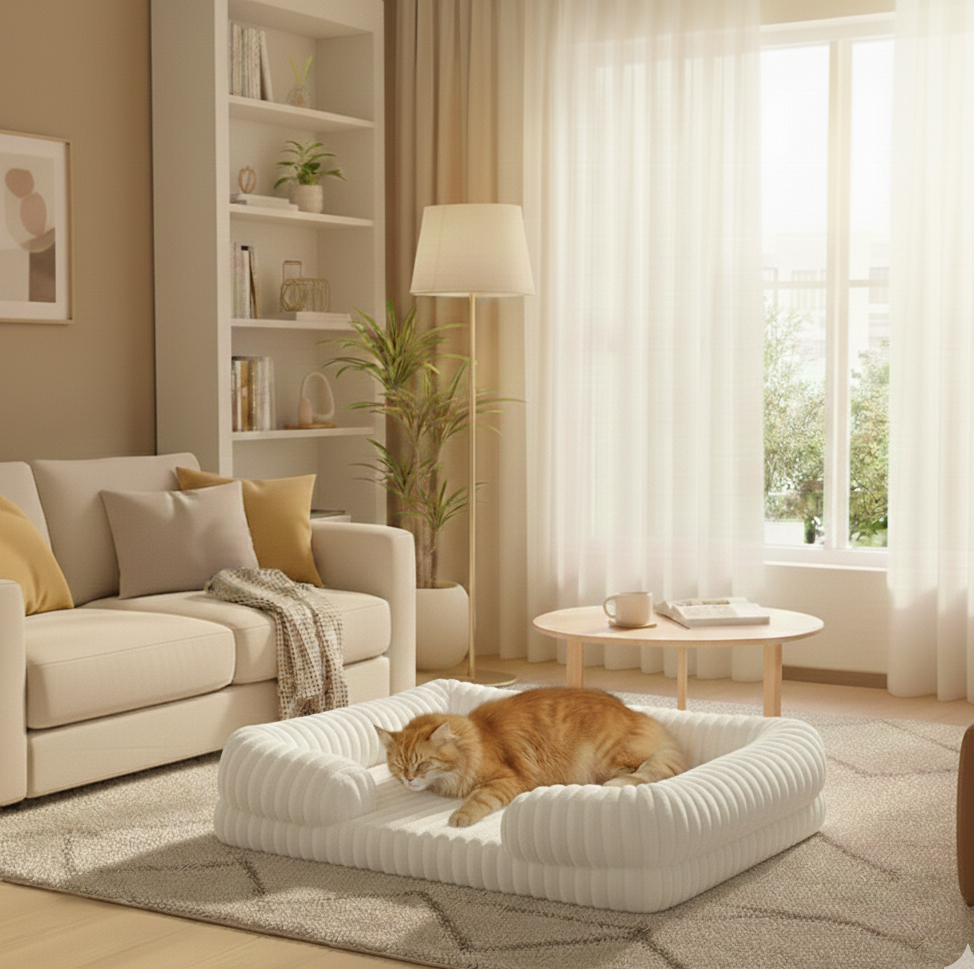 Chat dans un salon sur coussin orthophédique waterproof blanc