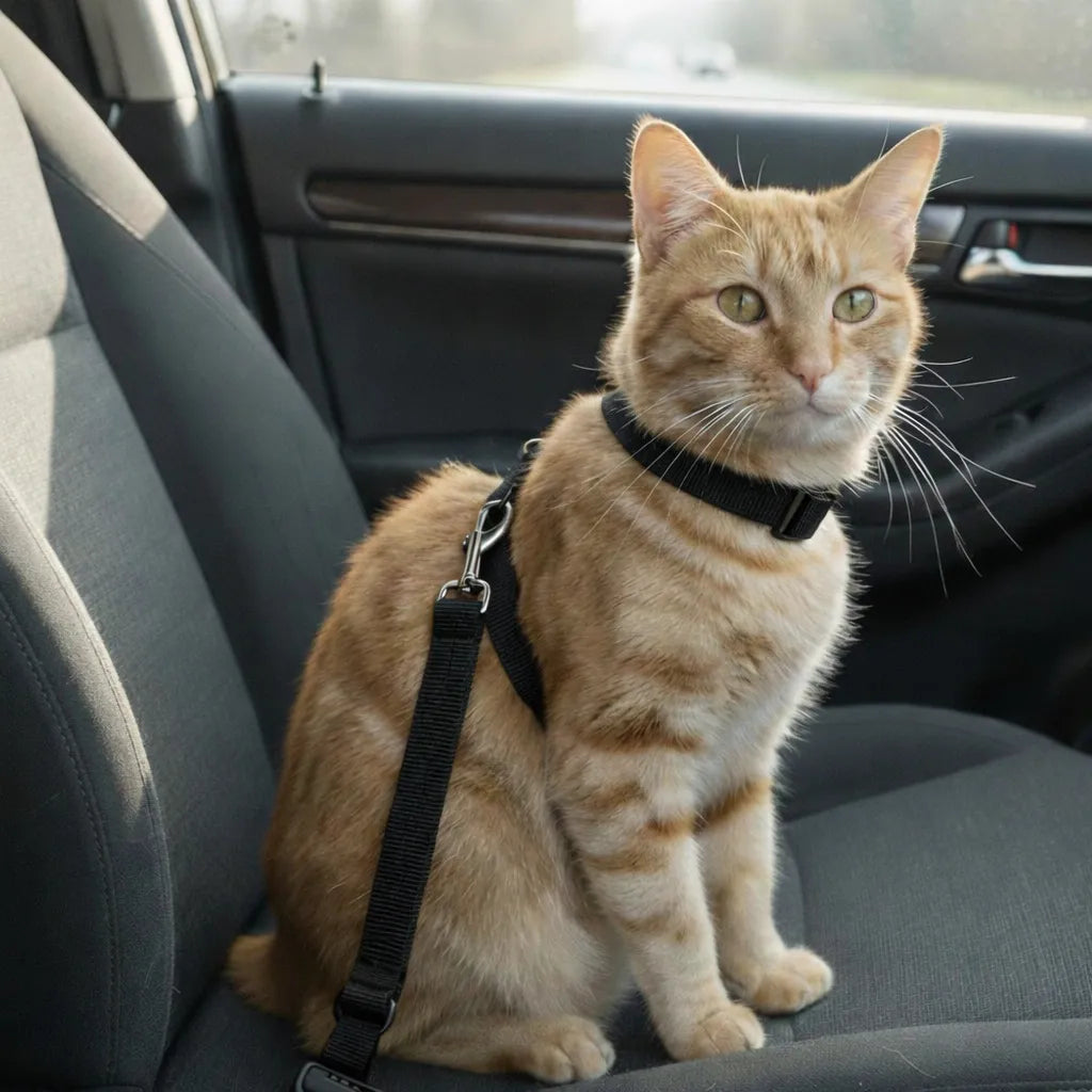Chat dans voiture avec harnais léger de couleur noir