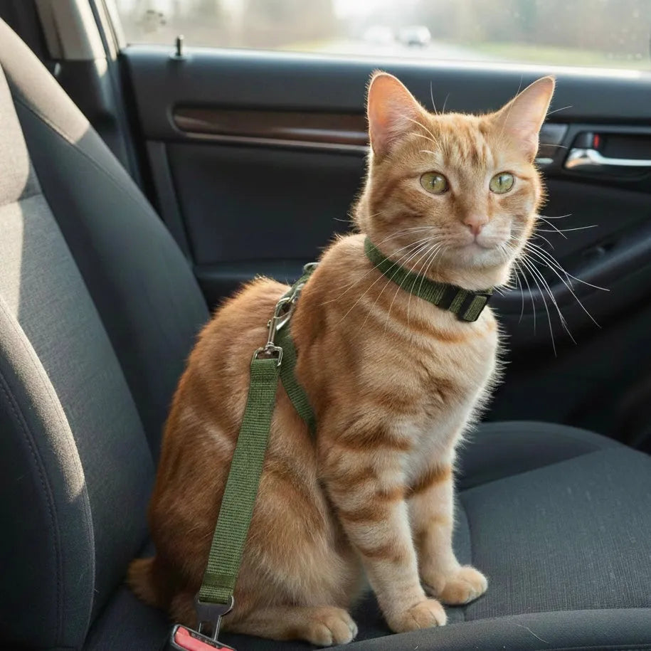 Chat dans voiture avec harnais léger vert foncé