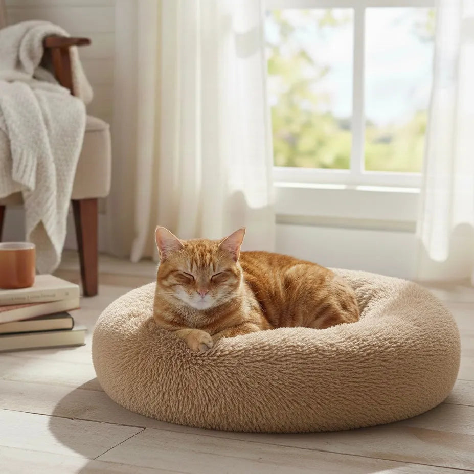 Chat qui dort sur panier rond marron clair