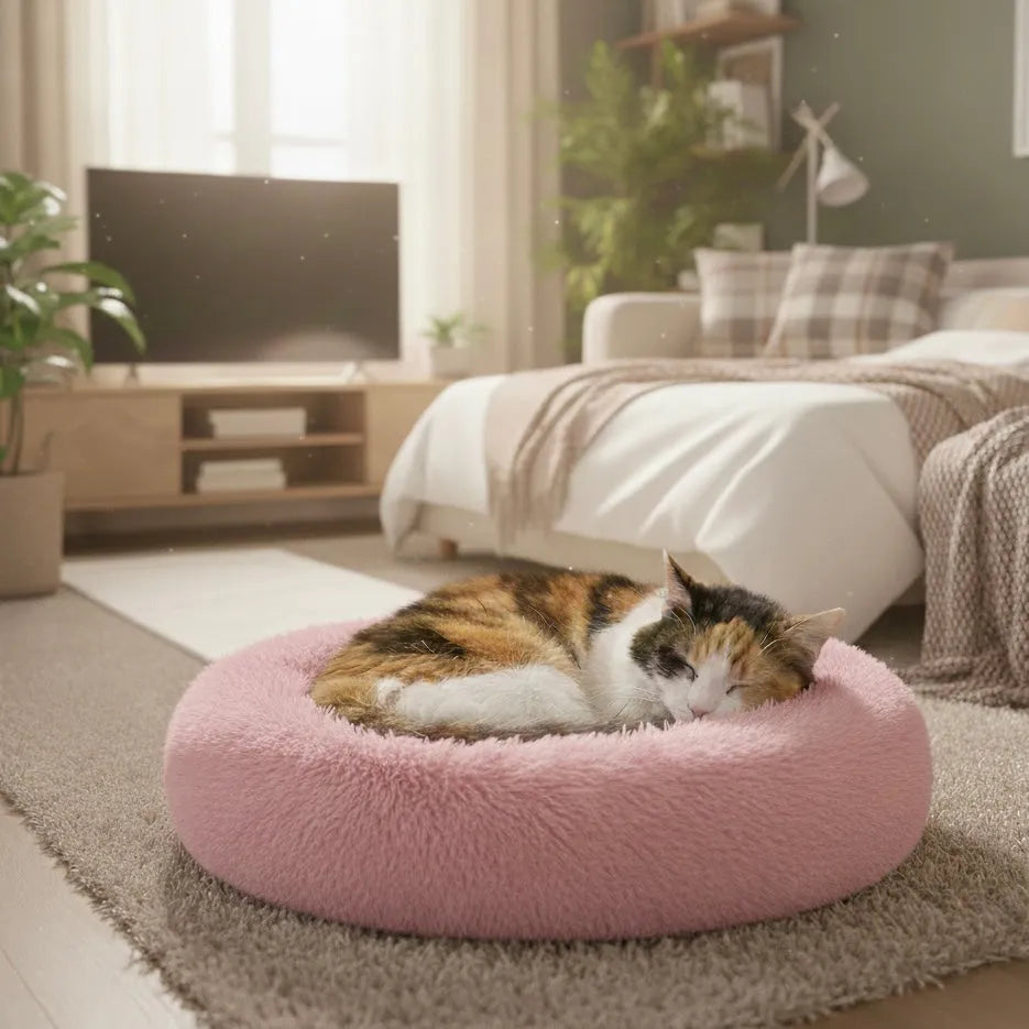 Chat qui dort sur panier rond rose
