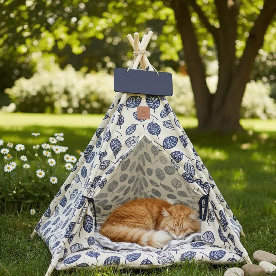 Chat grand tipi feuilles bleu en extérieur