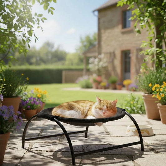 Chat dans panier hauteur hamac de couleur noir en extérieur