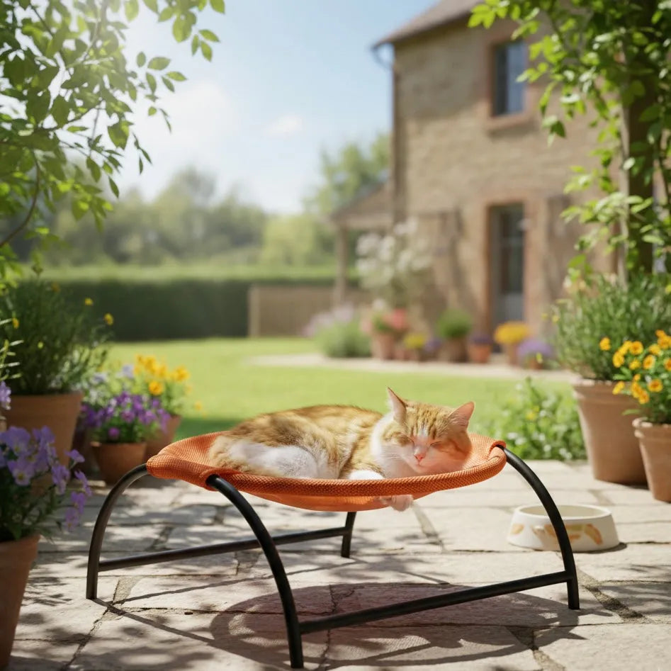 Chat dans panier hauteur hamac de couleur orange en extérieur