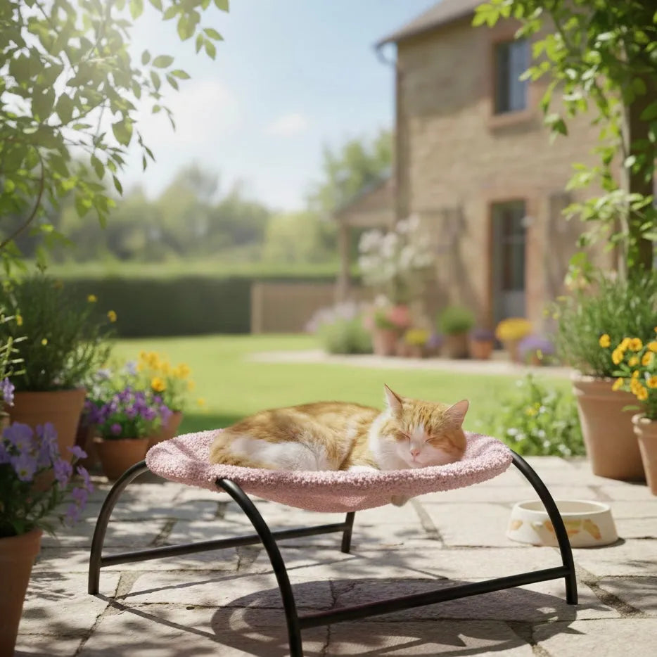 Chat dans panier hauteur hamac de couleur rose clair extérieur