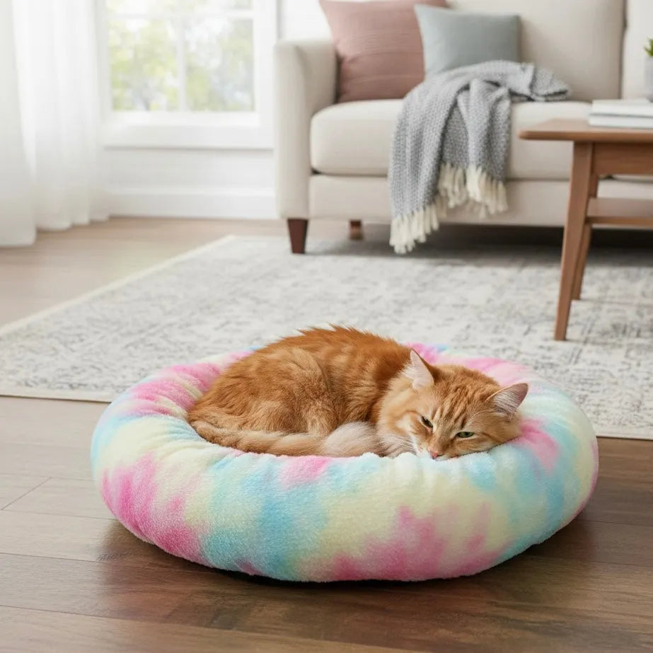 Chat sur panier rond arc en ciel dans un salon