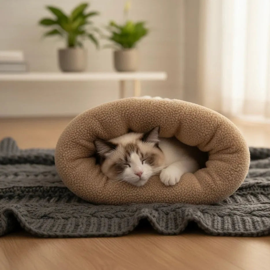 Chat qui dort dans panier chaussette vu de face