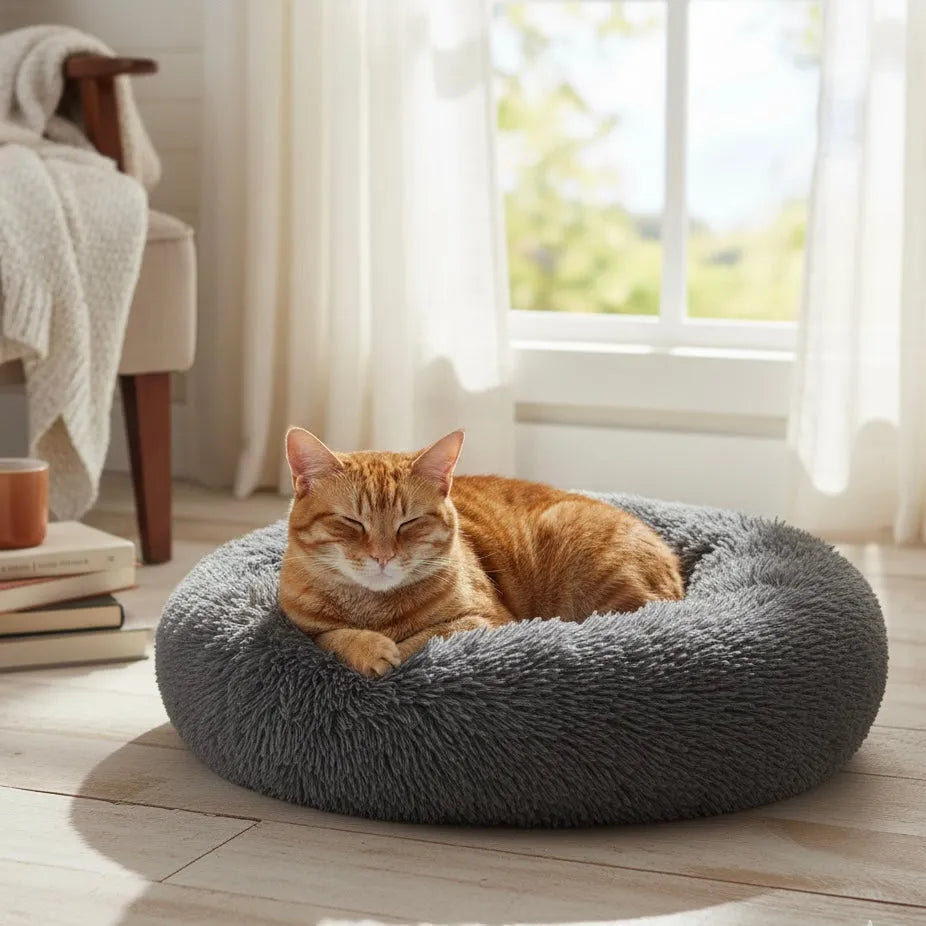 Chat qui dort panier rond gris foncé