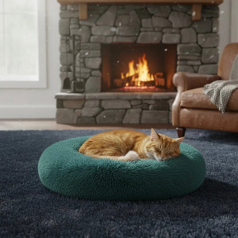 Chat qui dort sur panier rond vert foncé