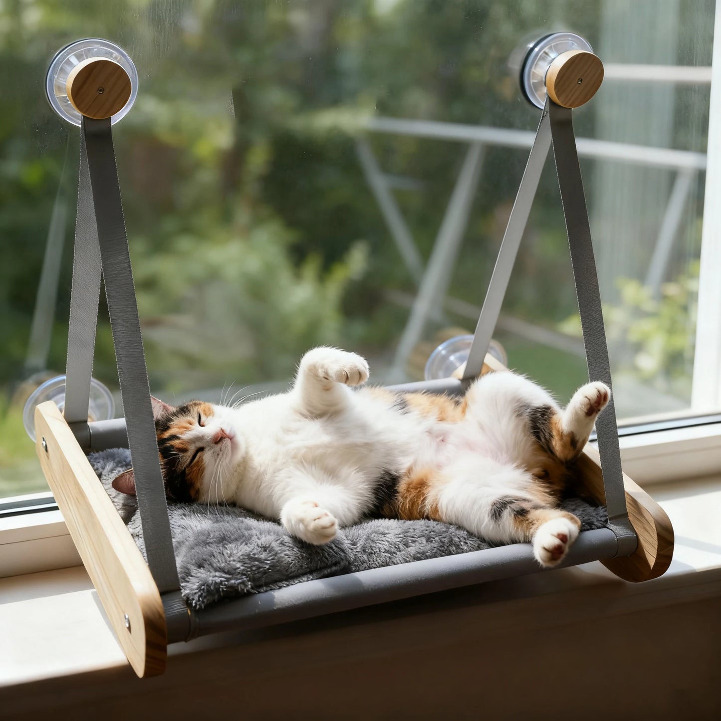 Chat qui s’étire sur un panier suspendu sur une fenêtre