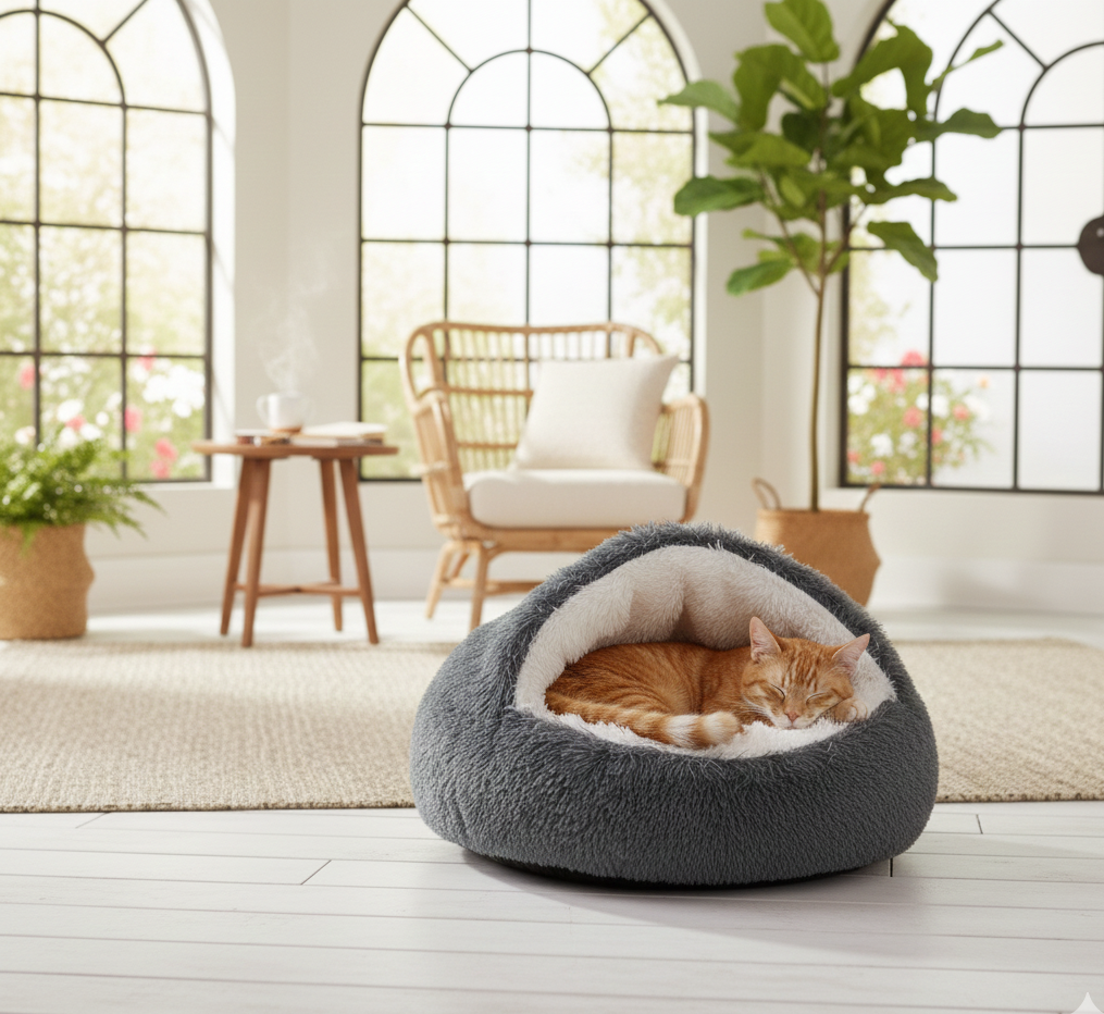 Chat reposé dans un coussin chauffant naturellement couleur gris foncé