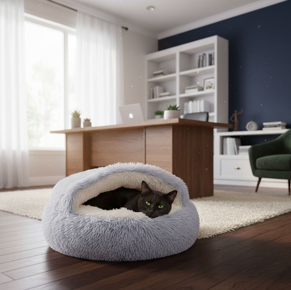 Chat reveillé dans un coussin chat fermé chauffant naturellement violet