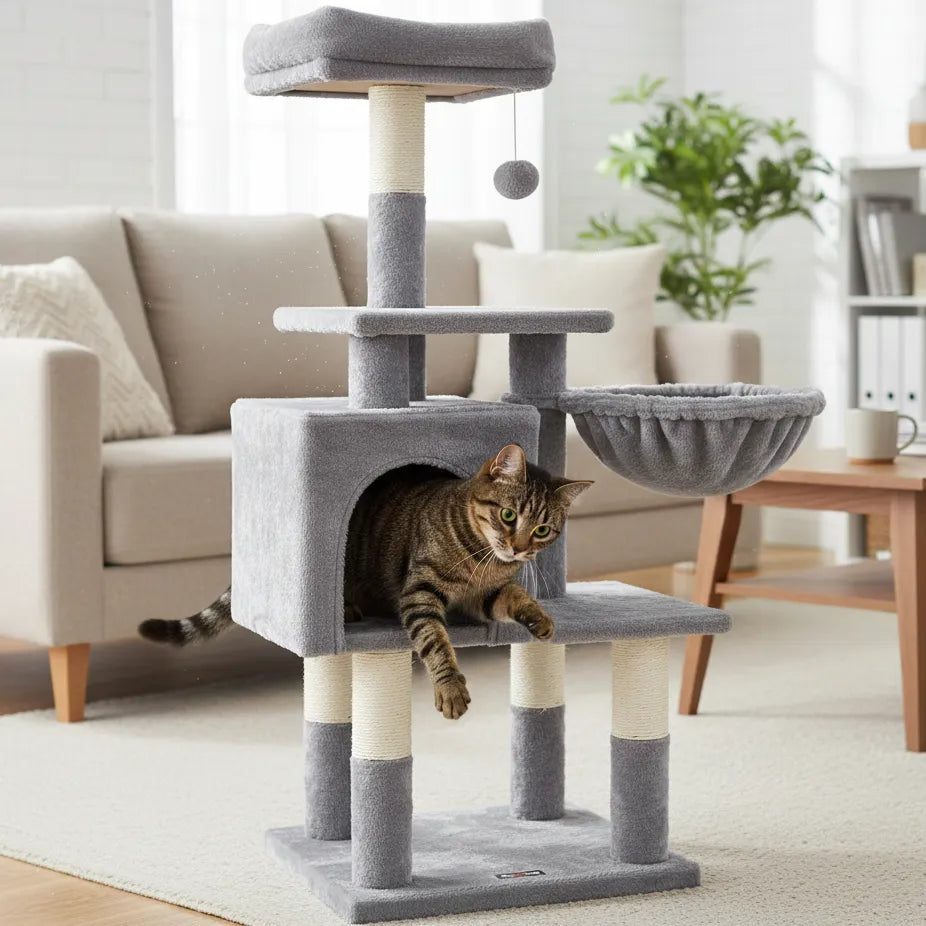 Chat sur Arbre a chat avec endroit clos gris dans un salon