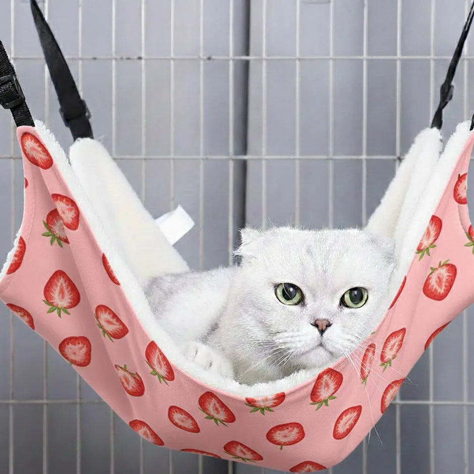 Chat sur panier hamac motif fraise