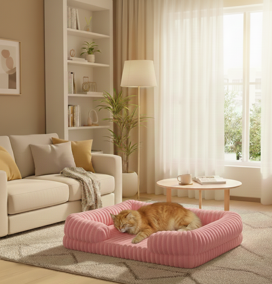 Chat sur coussin orthopédique fermé waterproof rose dans un salon