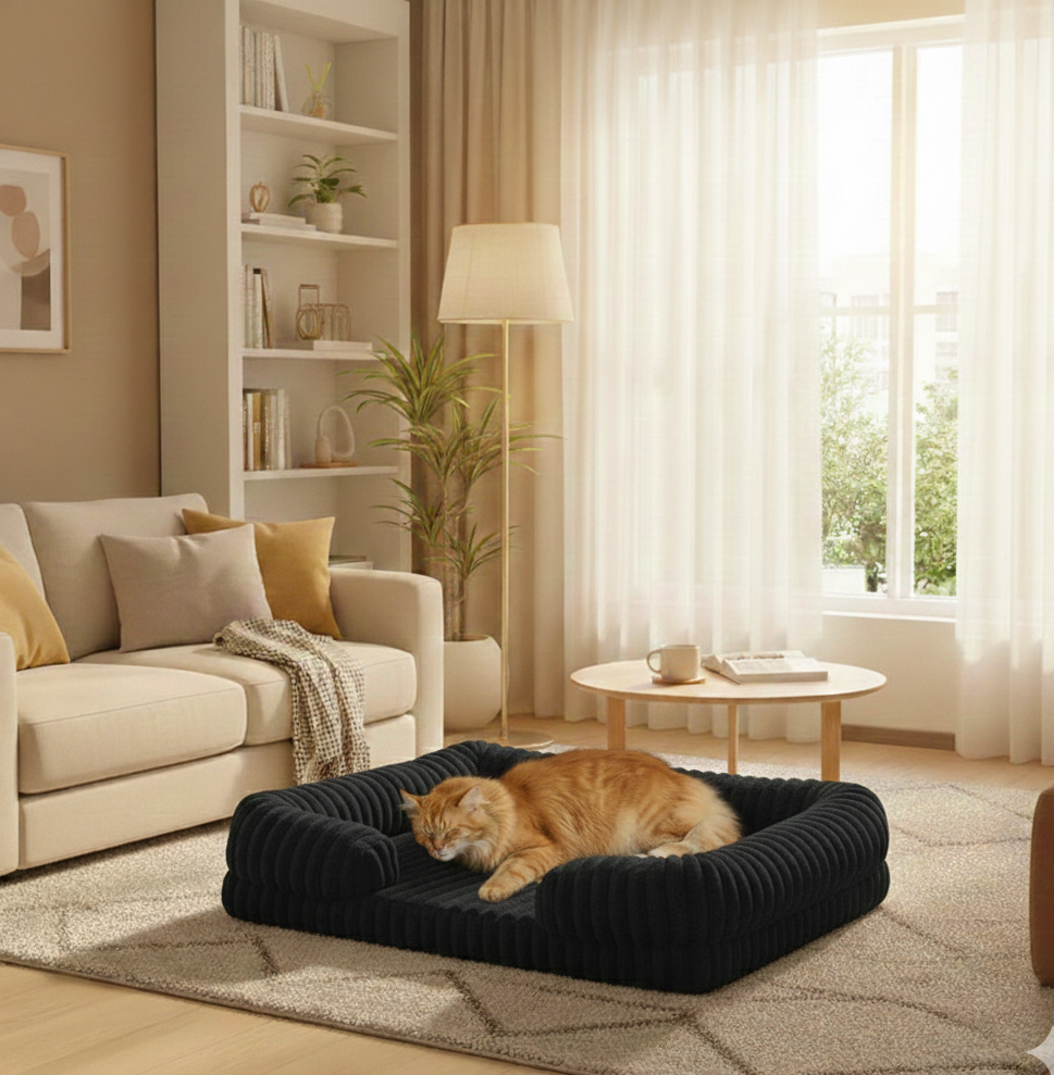 Chat sur coussin orthopédique fermé waterproof noir dans un salon