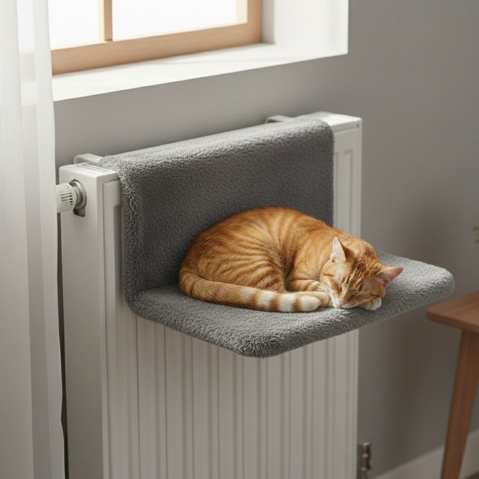 Chat sur panier gris sur un radiateur