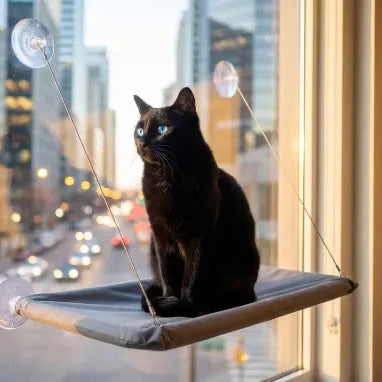 Chat sur panier mural avec ventouses gris dans la ville