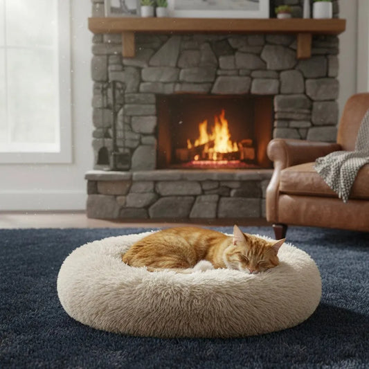 Chat sur panier rond blanc cassé