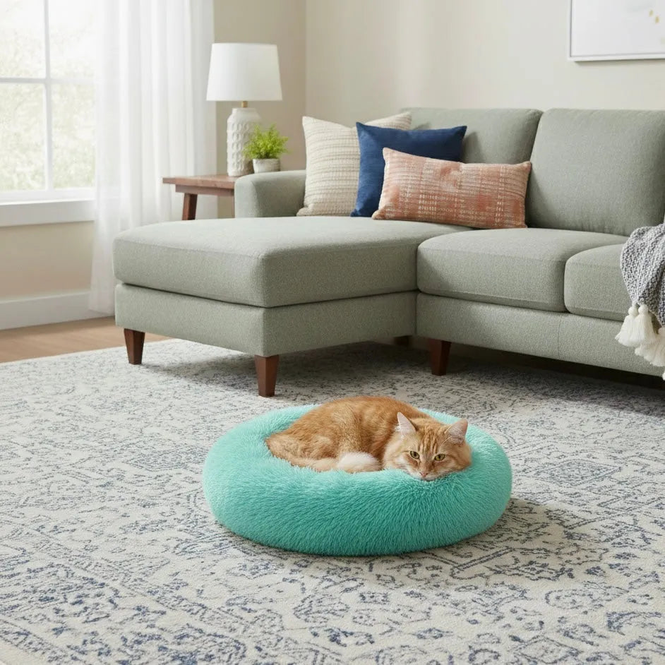 Chat sur un panier rond bleu clairdans un salon