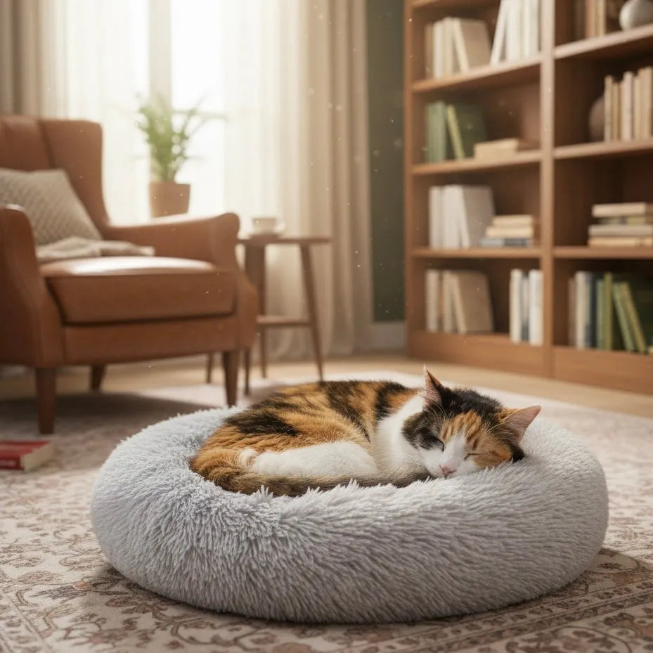 Chat sur panier rond chat gris clair dans un salon