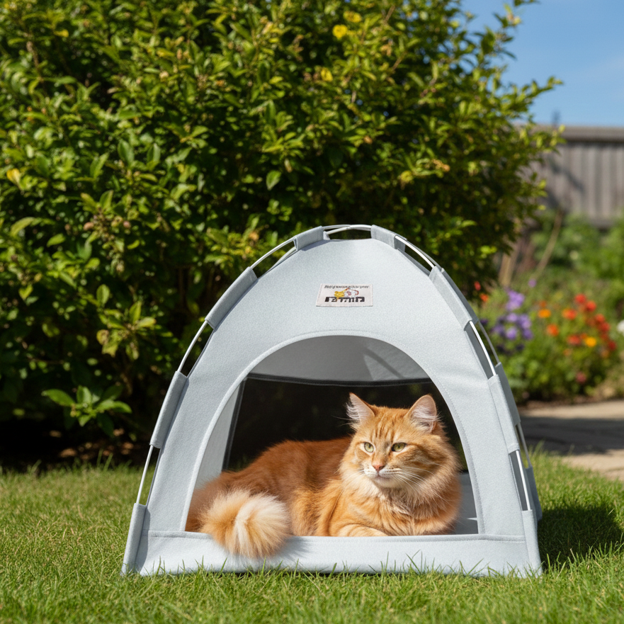 Chat dans tente blanc en extérieur