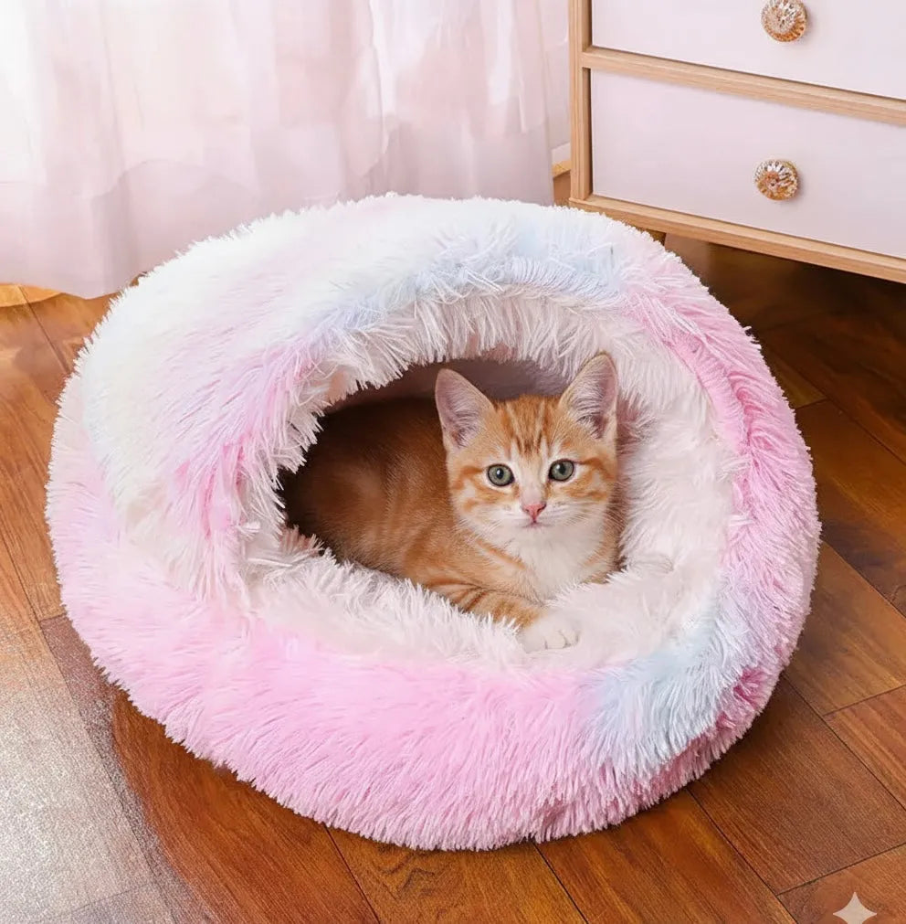 Coussin chat ferme naturellement couleur arc en ciel avec un chat a l´intérieur