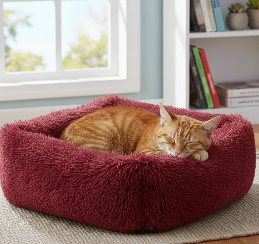Coussin chat ovale rouge avec un chat dessus