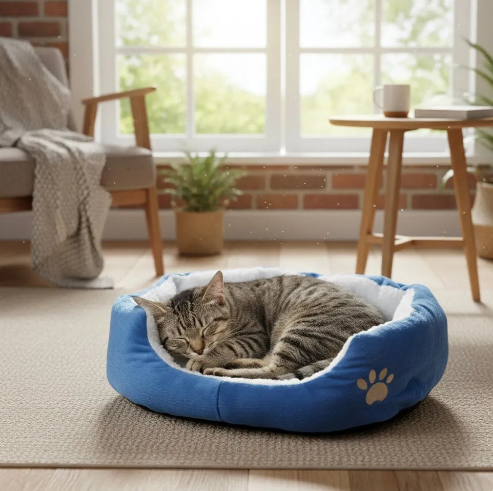 Coussin doux chat bleu avec un chat dans un salon
