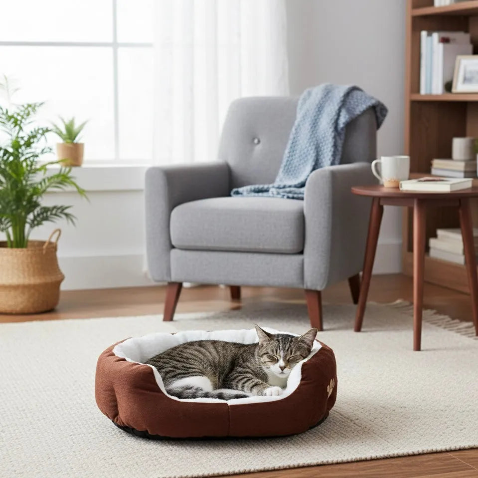 Coussin doux pour chat marron avec un chat qui dort