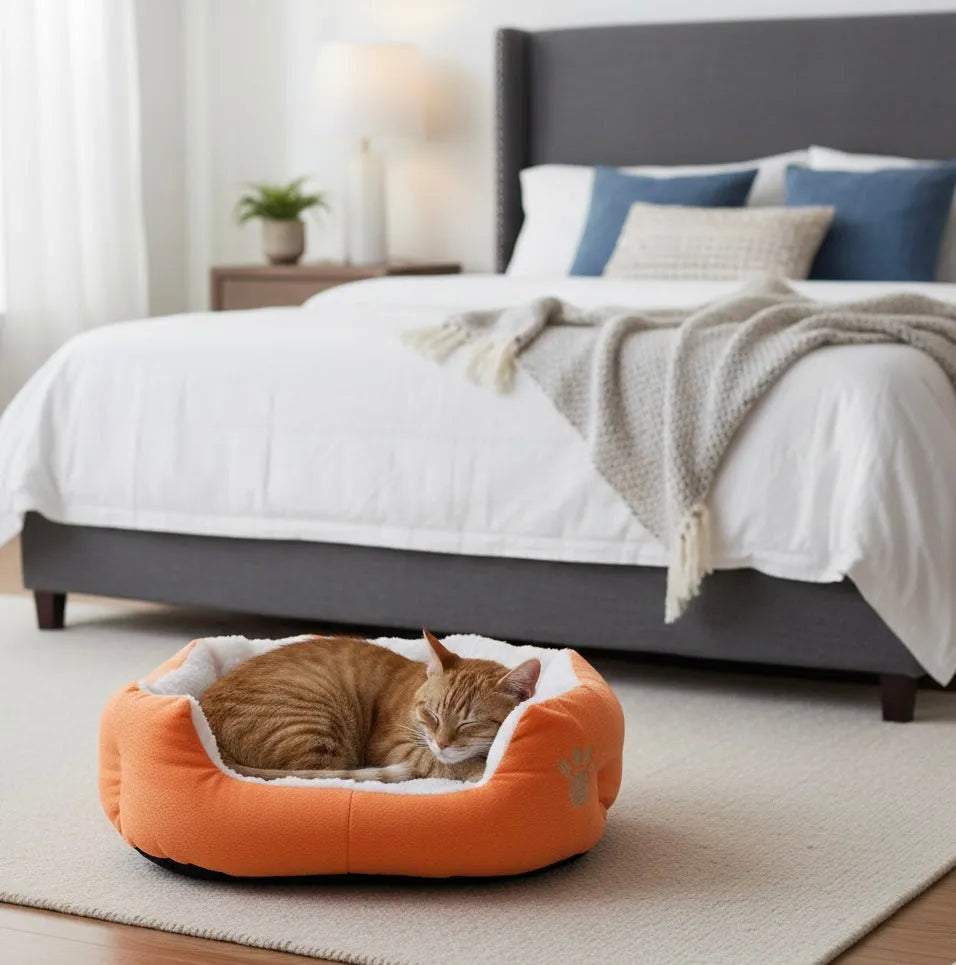 Coussin doux pour chat orange avec un chat dans une chambre