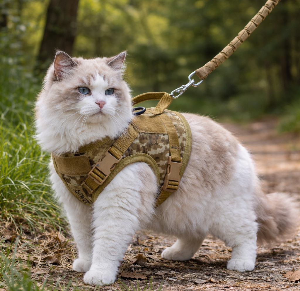 Harnais chat couleur camouflage dans une fôret