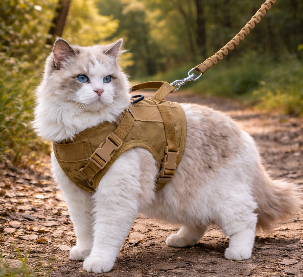 Harnais chat couleur marron décor dans une forêt