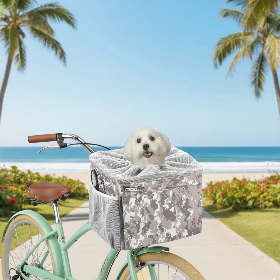 Panier chat fermé pour vélo camouflage a la plage