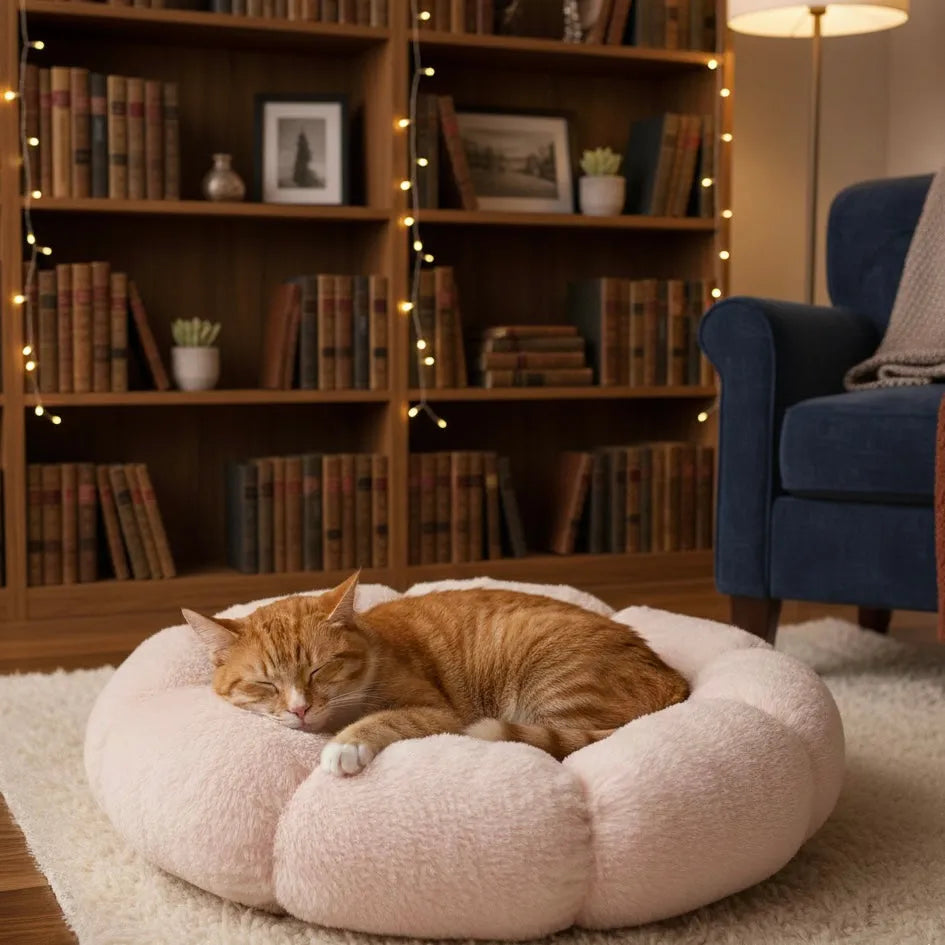 Panier chat fluffy rose clair dans une salle a manger