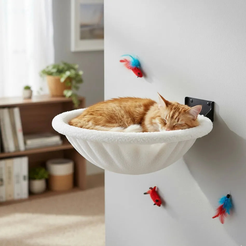 Zoom sur panier mural chat forme de nid blanc