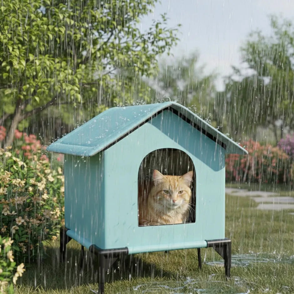 chat dans panier fermé bleu dans la pluie
