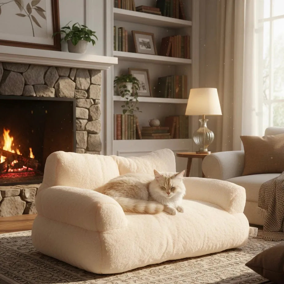 chat sur panier original en forme de canape blanc cassé