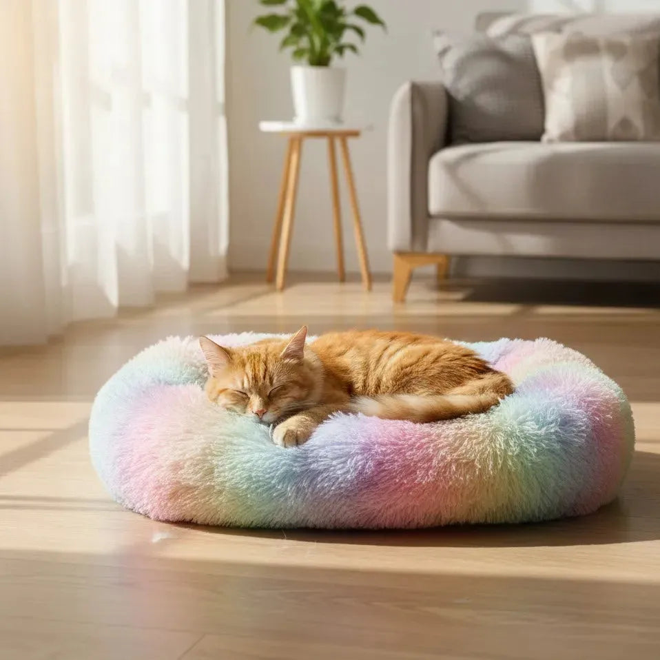 coussin chat ovale couleur arc en ciel dans une pièce avec un chat