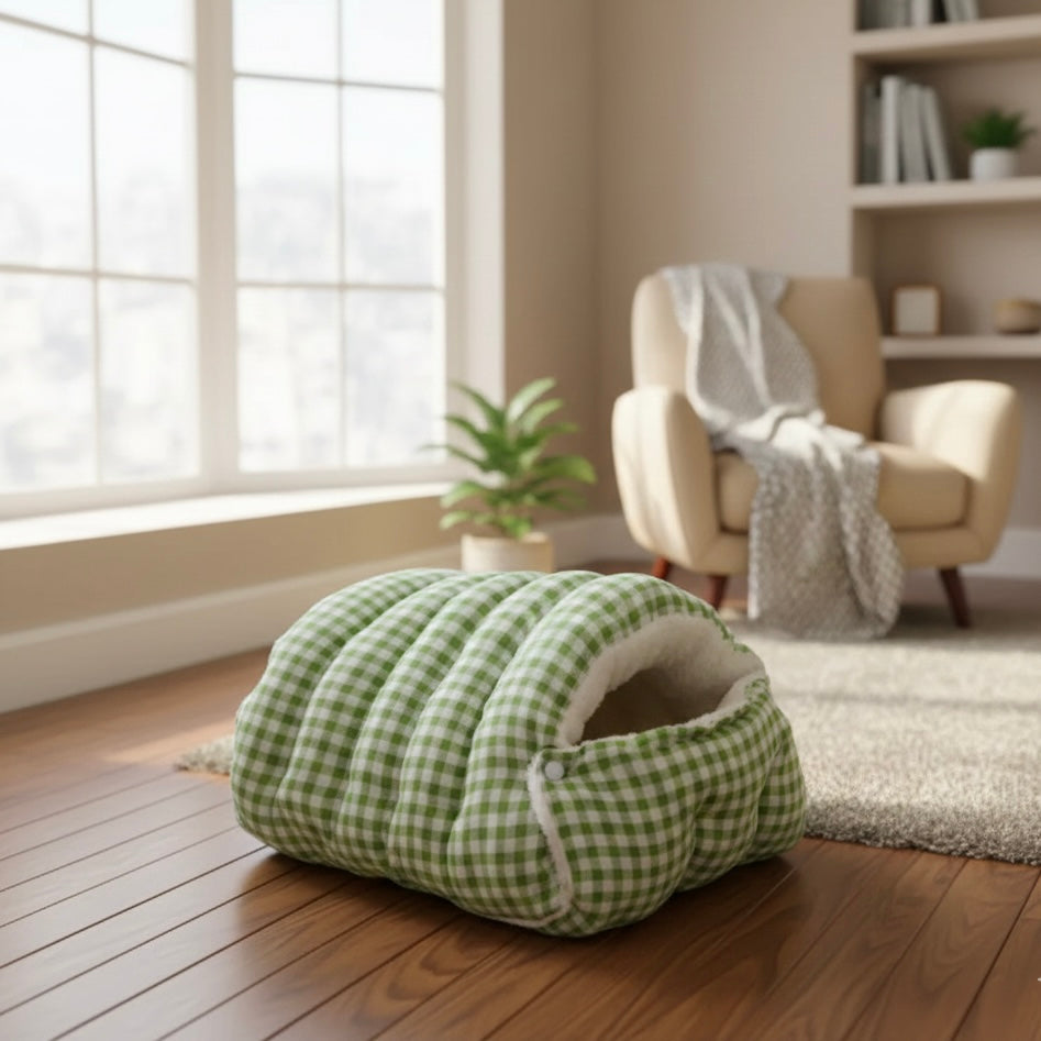 panier style grotte doux pour chat vert fermé