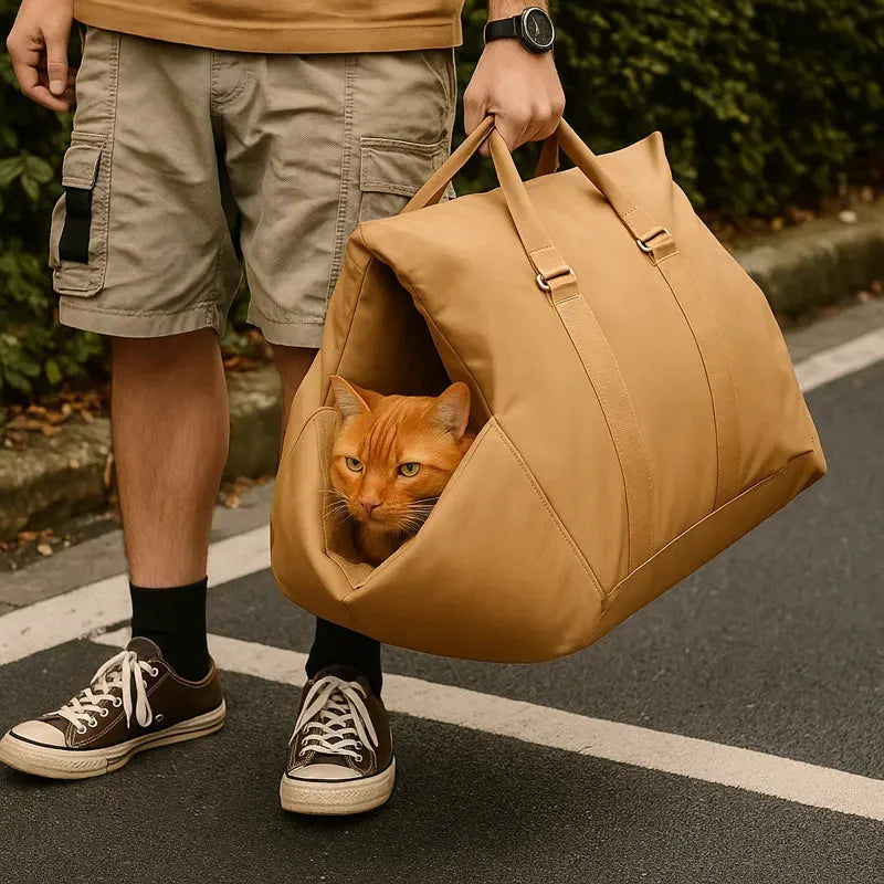 panier transport marron avec un chat a l'intérieur