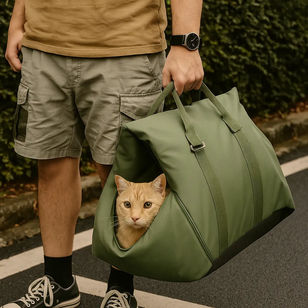 panier transport vert avec un chat a l'intérieur