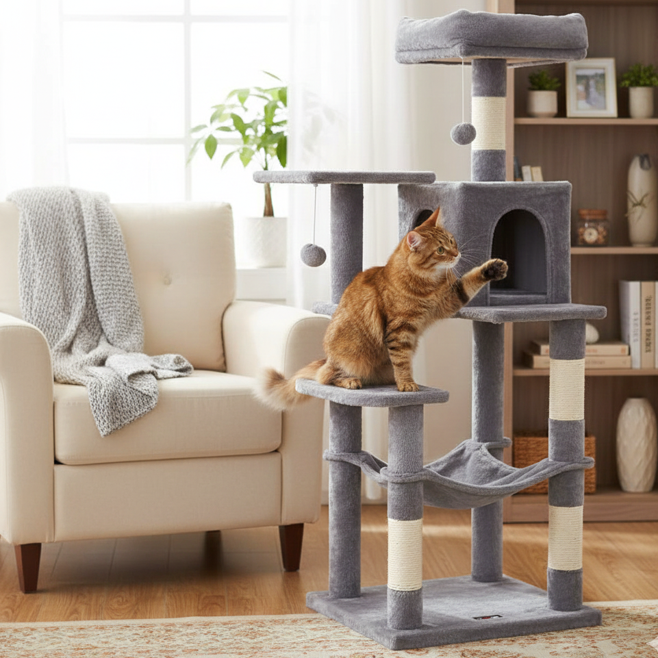 Chat sur arbre a chat avec hamac gris